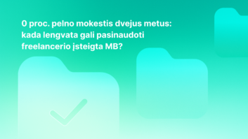 Turkio spalvos fone pateiktas baltu šriftu parašytas tekstas lietuvių kalba apie 0 % pelno mokestį dvejus metus, kuriame klausiama, kada laisvai samdomo darbuotojo įmonė gali pasinaudoti šia lengvata. Fone pavaizduotos trys aplankų piktogramos, viena iš jų pažymėta varnele.
