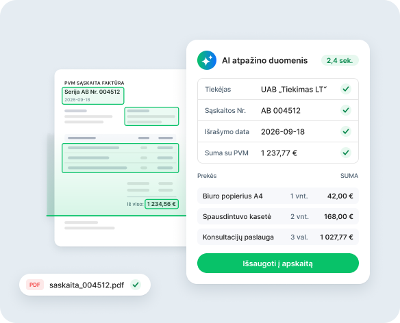 Dirbtinio intelekto pagrįsta sąskaitų apdorojimo sąsaja, kurioje šalia nuskaitytos sąskaitos rodomi išgauti duomenų laukai, įskaitant tiekėją, sąskaitos numerį, datą, bendrą sumą ir eilutes, taip pat mygtukas, skirtas duomenims išsaugoti apskaitoje.