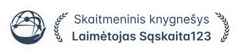 Skaitmeninės knygyno „Skaitmeninis knygnešys“ logotipas, kuriame pavaizduota ranka, laikanti pasaulio rutulį, ir užrašas „Laimėtojas Sqskaita123“.