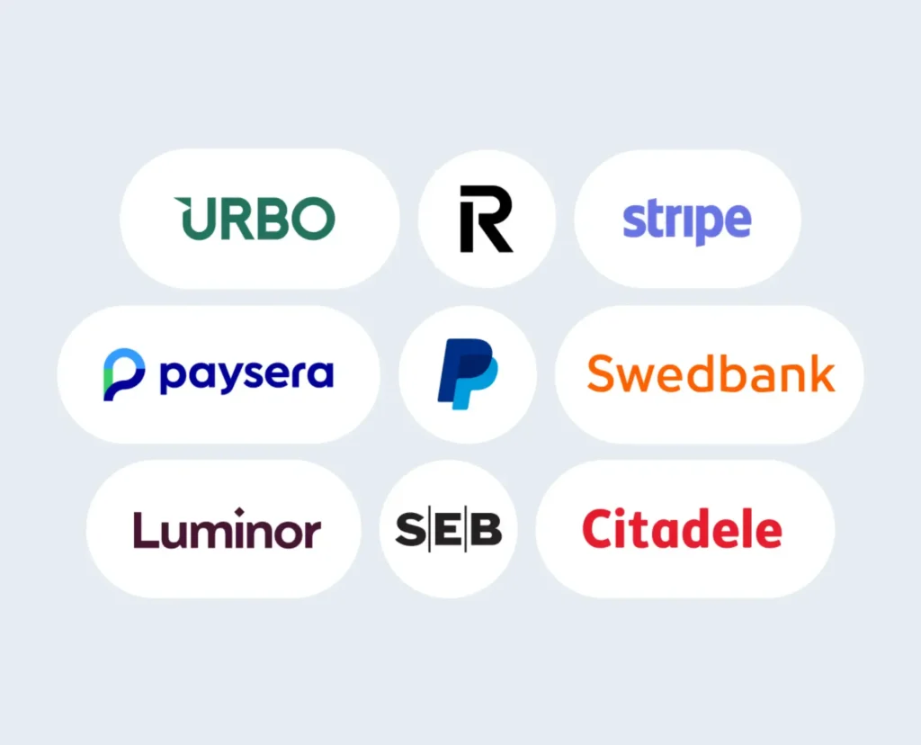 Mokėjimo paslaugų teikėjų logotipų rinkinys, į kurį įeina „Urbo“, „Revolut“, „Stripe“, „Paysera“, „PayPal“, „Swedbank“, „Luminor“, „SEB“ ir „Citadele“.