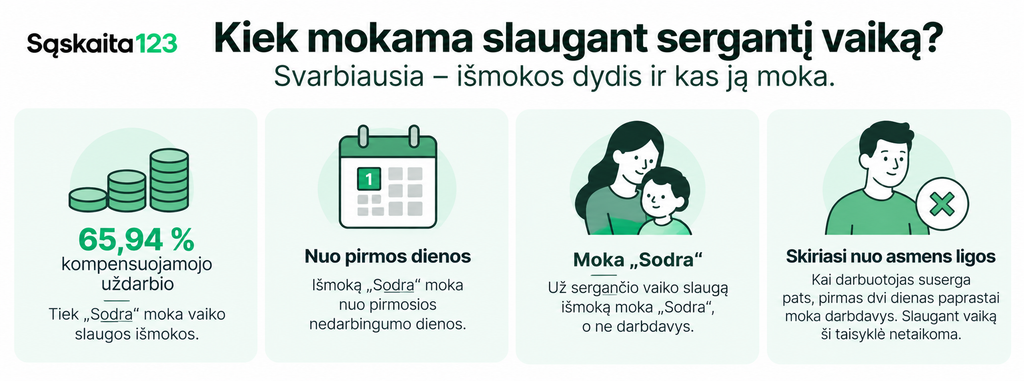 Infografika &bdquo;Kiek mokama slaugant sergantį vaiką?&ldquo;, kurioje paai&scaron;kinamos vaiko priežiūros dėl ligos i&scaron;mokos: 65,94 % kompensacija, i&scaron;moka mokama nuo pirmosios dienos, i&scaron;moką moka &bdquo;Sodra&ldquo;, taip pat pateikiamos konkrečios taisyklės, susijusios su vaiko priežiūra ir asmenine liga.